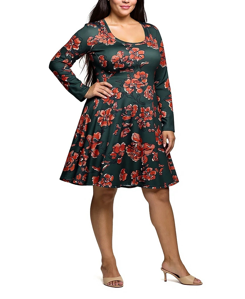 24seven Comfort Apparel Plus Long Sleeve Fit and Flare Dress
