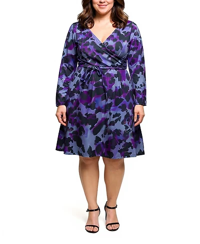 24seven Comfort Apparel Plus Long Sleeve Wrap with Belt Dress