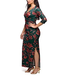 24seven Comfort Apparel Plus Floral Print Three Side Slit Maxi Dress