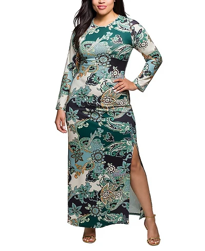 24seven Comfort Apparel Plus Green Paisley Print Long Sleeve Side Slit Maxi Dress