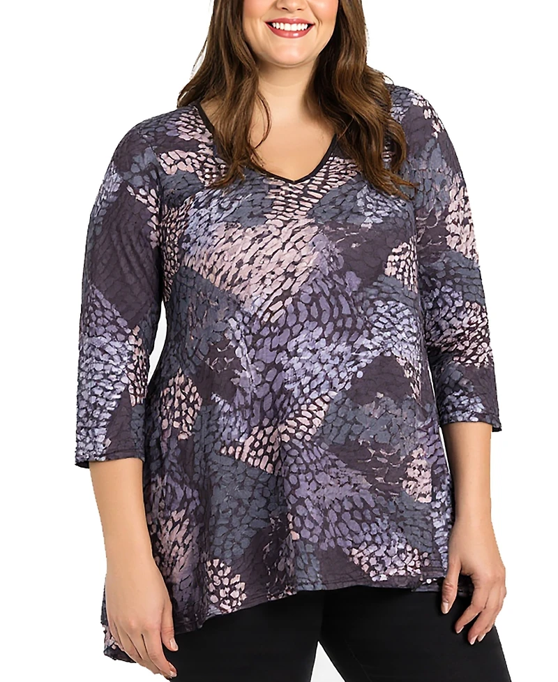 24seven Comfort Apparel Plus Gray Abstract Print V Neck Tunic Top