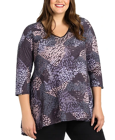 24seven Comfort Apparel Plus Gray Abstract Print V Neck Tunic Top