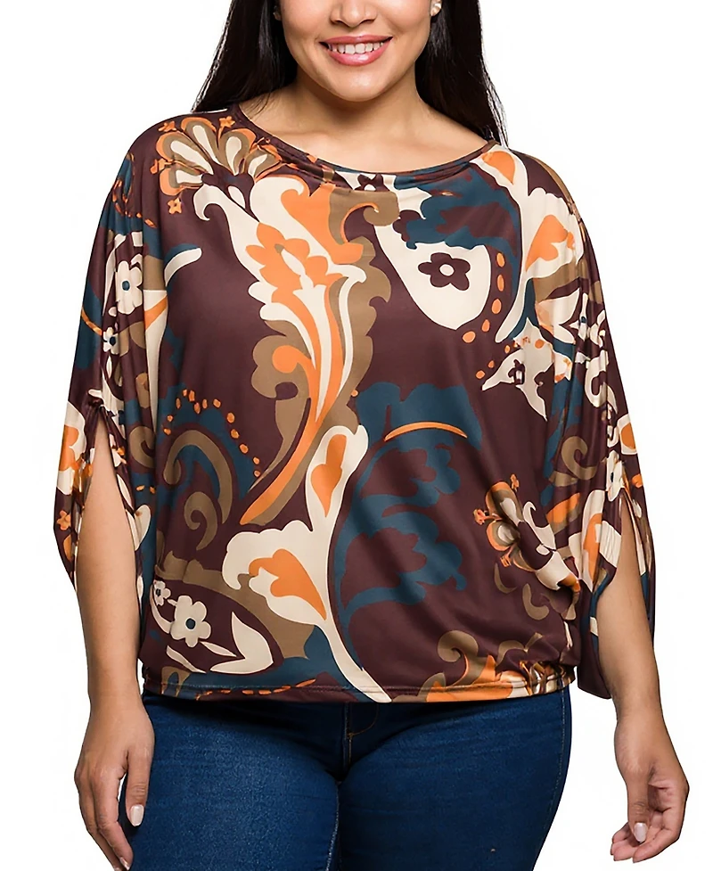 24seven Comfort Apparel Plus Brown Paisley Print Dolman Sleeve Top