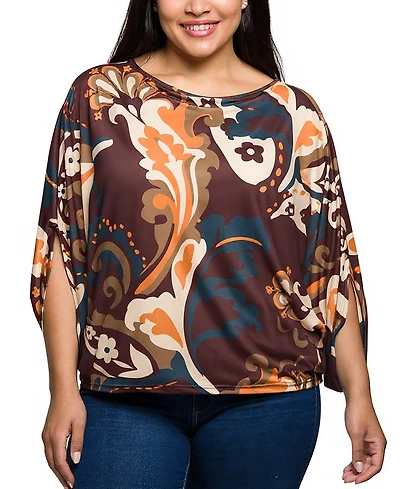 24seven Comfort Apparel Plus Brown Paisley Print Dolman Sleeve Top