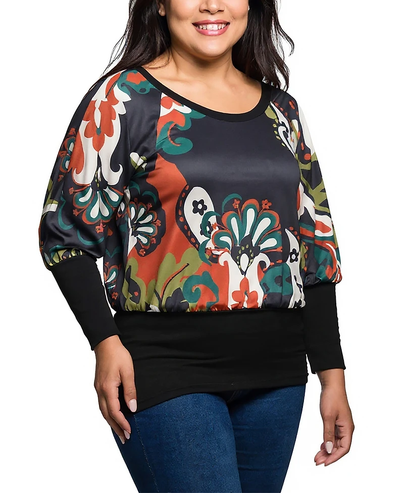 24seven Comfort Apparel Plus Paisley Multicolor Print Dolman Sleeve Banded Top