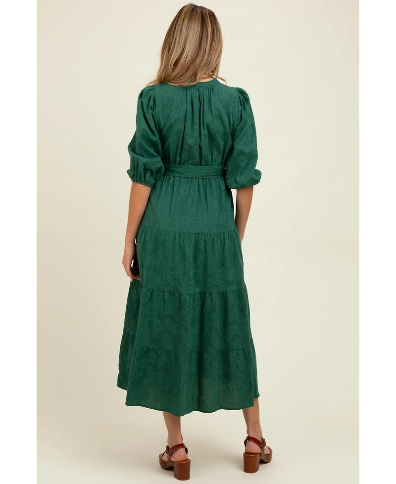 Pinkblush Maternity Forest Green Floral Jacquard Button Front Tiered Dress