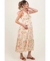 Pinkblush Maternity Cream Floral Shoulder Tie Deep V-Neck Tiered Maxi Dress