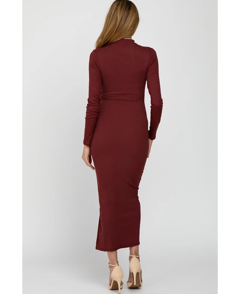 Pinkblush Maternity Burgundy Ribbed Mock Neck Side Slit Maxi Dress