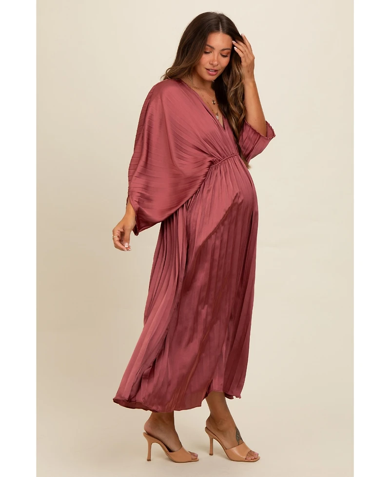Pinkblush Maternity Mauve Satin Pleated V-Neck Maxi Dress