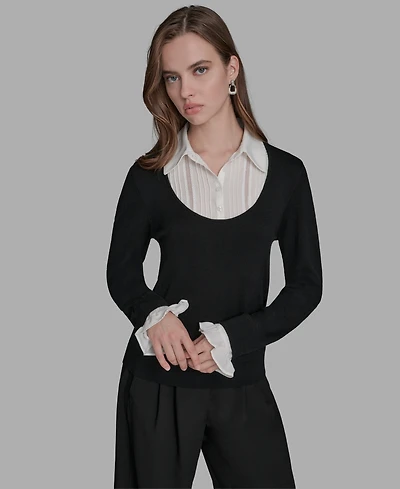 Bcbg Women's Long Sleeve with Embroidered Bib Sweater