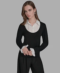 Bcbg Women's Long Sleeve with Embroidered Bib Sweater