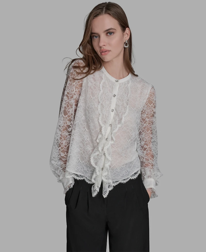 Bcbg Women's Long Sleeve Lace with Rhinestone Top