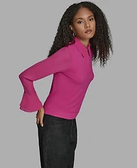 Bcbg Women's Long Sleeve Ruffle-Cuff Collared Top