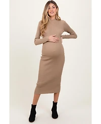 Pinkblush Maternity Light Taupe Mock Neck Fitted Ribbed Knit Midi Dress