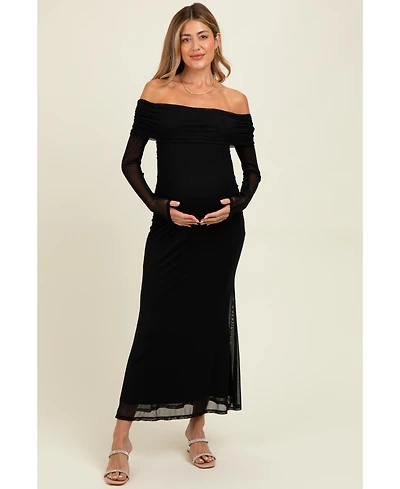 Pinkblush Maternity Black Mesh Overlay Off Shoulder Long Sleeve Midi Dress