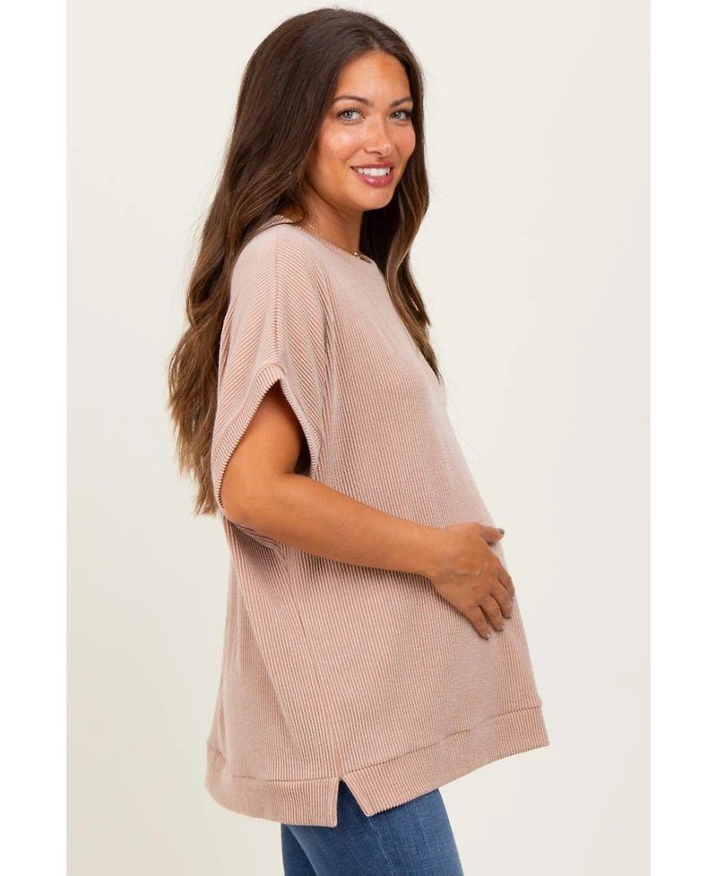 Pinkblush Maternity Olive Solid Ribbed Short Sleeve Oversized Tunic Top