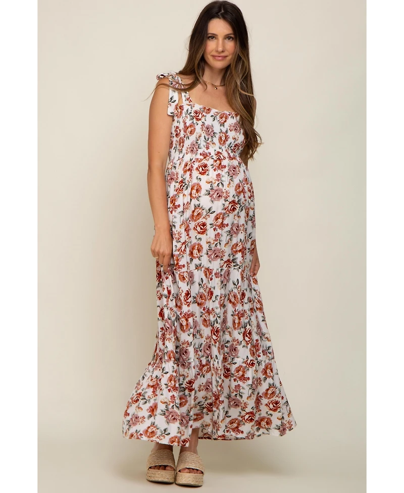 Pinkblush Maternity Light Blue Floral Smocked Shoulder Tie Tiered Maxi Dress