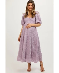 Pinkblush Maternity Lavender Fringe Textured Short Puff Sleeve Midi Dress