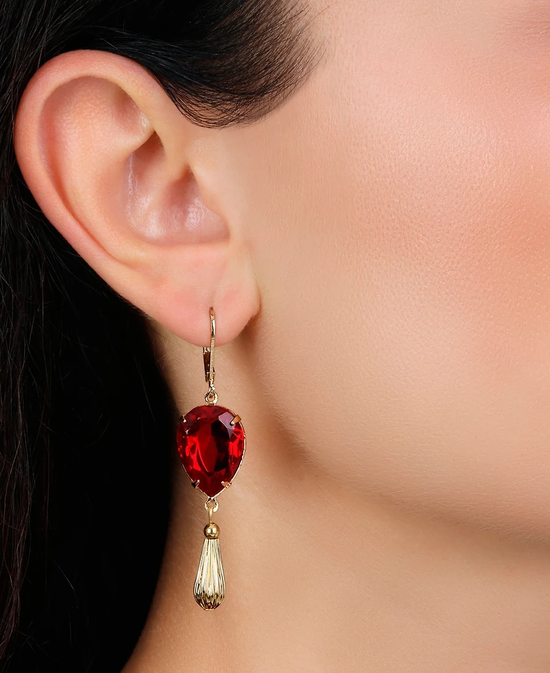 2028 Gold Tone Red Teardrop Crystal Earrings