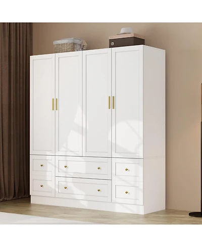 Simple white 4-door 6-drawer wardrobe with large capacity, bedroom Armoire, Closet