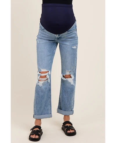 Pinkblush Maternity Light Blue Ripped Knee Rolled Cuff Straight Leg Jeans