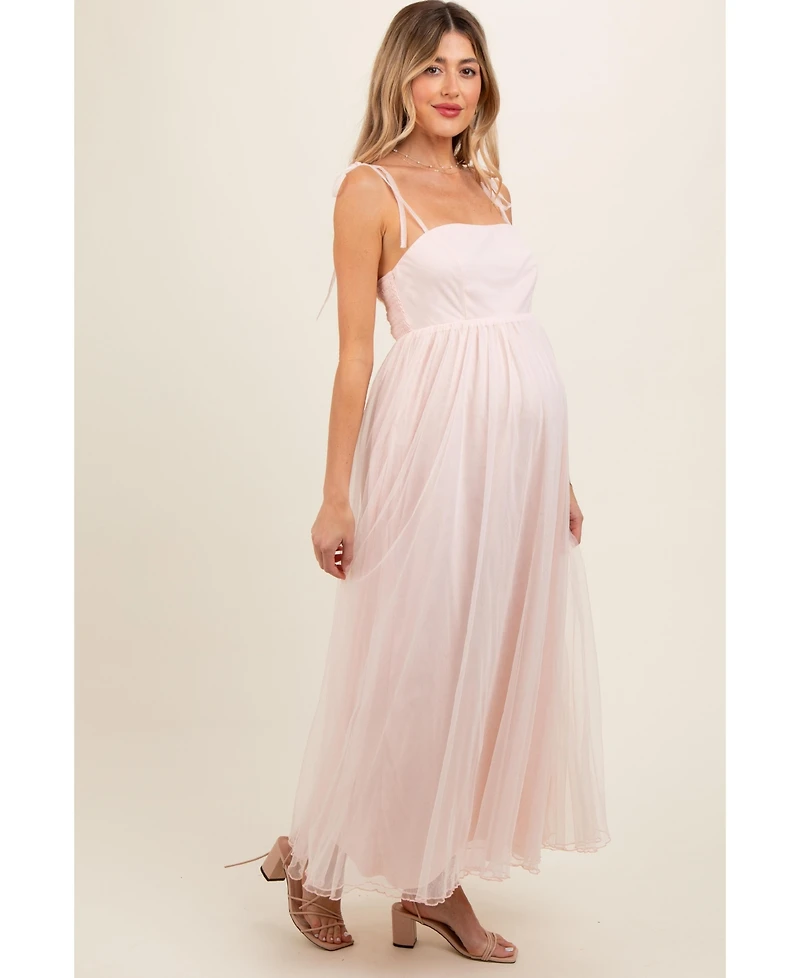 Pinkblush Maternity Light Pink Square Neck Shoulder Tie Tulle Maxi Dress