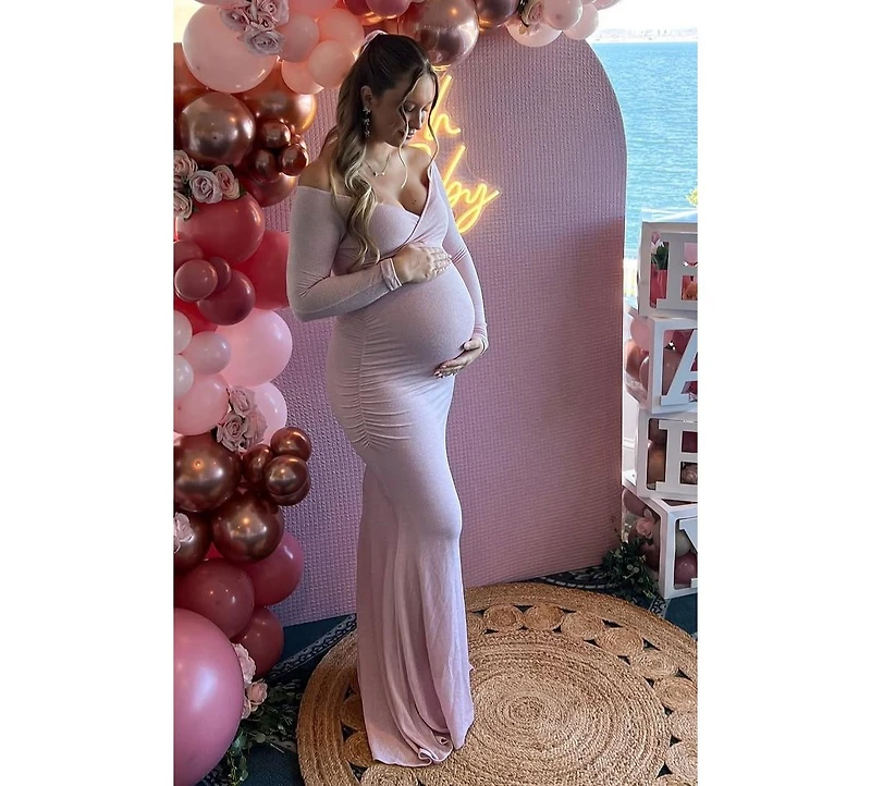 Pinkblush Maternity Pink Metallic Off Shoulder Long Sleeve Wrap Photoshoot Gown/Dress