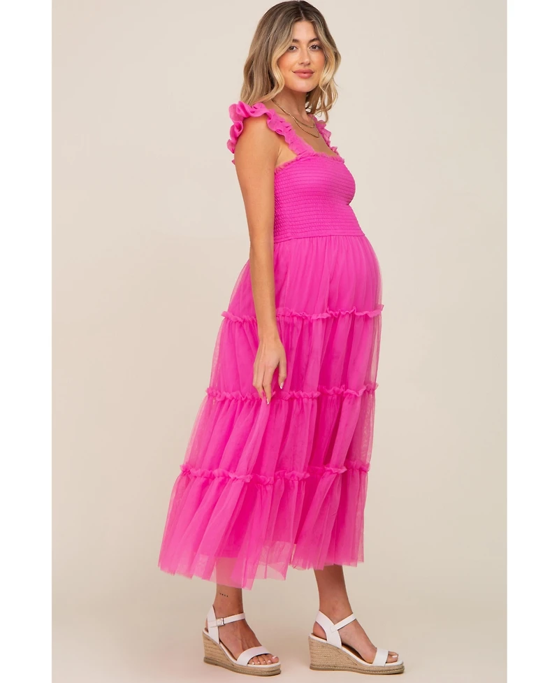 Pinkblush Maternity Smocked Mesh Ruffle Accent Midi Dress