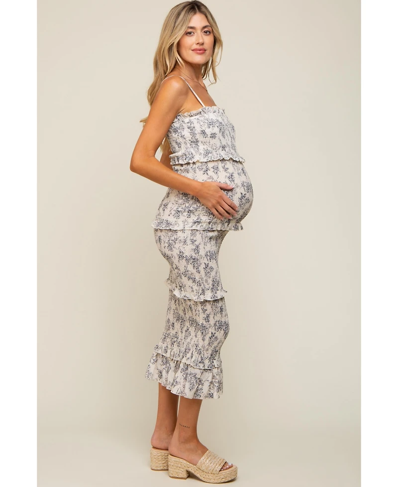 Pinkblush Maternity Cream Floral Smocked Fitted Midi Dress