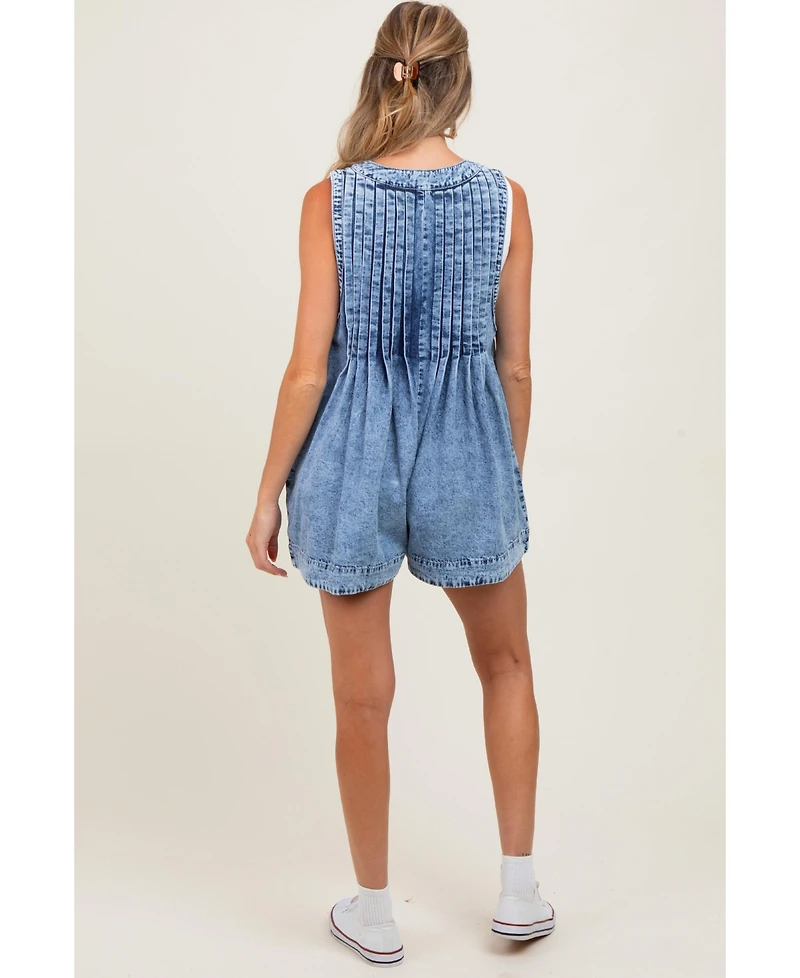 Pinkblush Blue Deep V-Neck Pleated Front Tie Sleeveless Maternity Romper