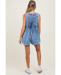 Pinkblush Blue Deep V-Neck Pleated Front Tie Sleeveless Maternity Romper