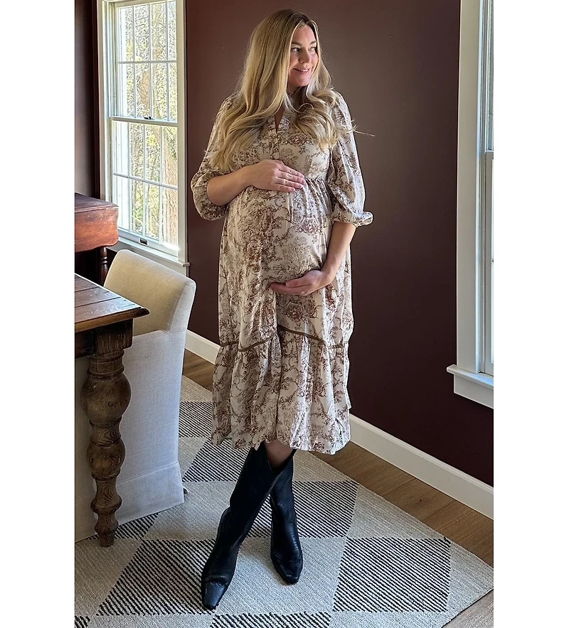 Pinkblush Maternity Brown Printed Split Ruffle Collar Midi Dress