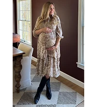 Pinkblush Maternity Brown Printed Split Ruffle Collar Midi Dress