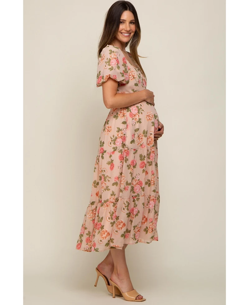 Pinkblush Maternity Pink Floral Button Puff Sleeve Midi Dress
