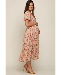 Pinkblush Maternity Pink Floral Button Puff Sleeve Midi Dress