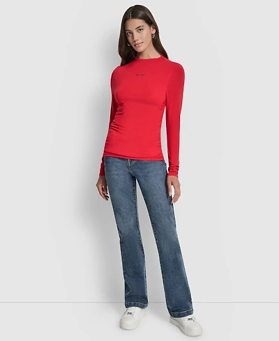 Dkny Jeans Women's Side Ruched High Neck Long Sleeve Top With Rhinestud Logo