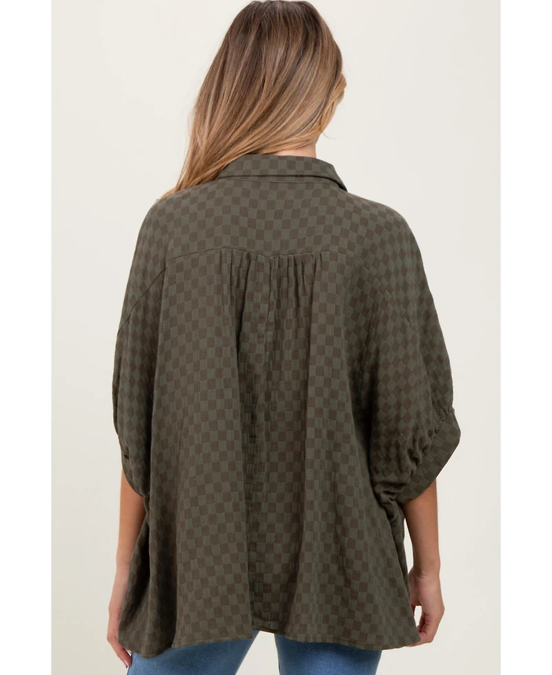 Pinkblush Maternity Olive Checker Print Short Sleeve Oversized Blouse