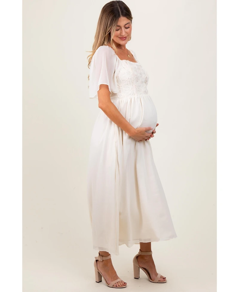 Pinkblush MaternityCream Floral Applique Flutter Sleeved Maternity Midi Dress