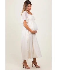 Pinkblush MaternityCream Floral Applique Flutter Sleeved Maternity Midi Dress