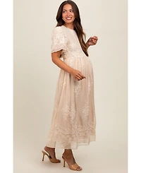Pinkblush Cream Embroidered Smocked Maternity Midi Dress