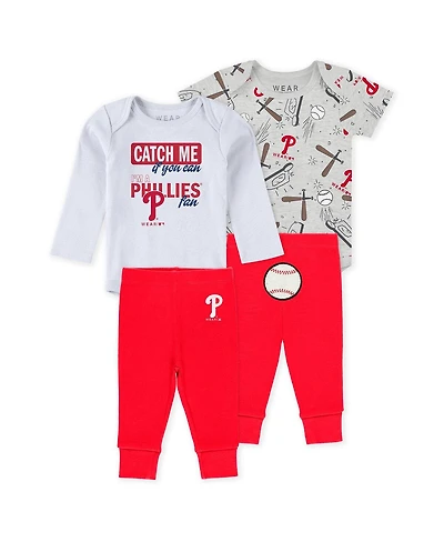 Wear by Erin Andrews Baby Boys and Girls 3-Piece Heather Gray/White/Red Philadelphia Phillies Turn Me Around Bodysuits Pants Set