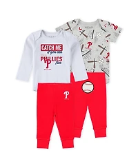 Wear by Erin Andrews Baby Boys and Girls 3-Piece Heather Gray/White/Red Philadelphia Phillies Turn Me Around Bodysuits Pants Set