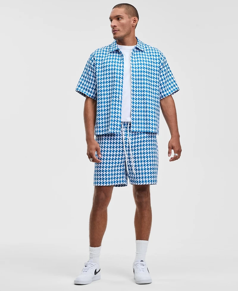 Mode of One Men's Relaxed Fit Short Sleeve Yarn-Dyed Geo Button-Front Shirt, Macy's Exclusive