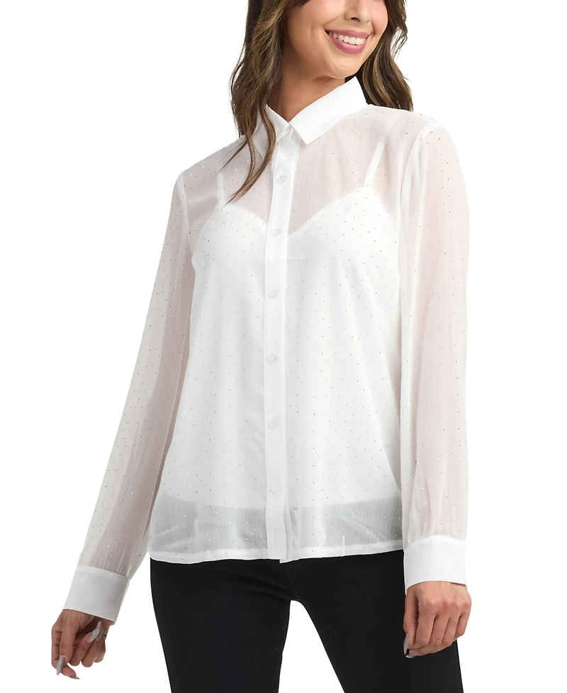 Bcx Women's Studded Chiffon Long Sleeves Shirt