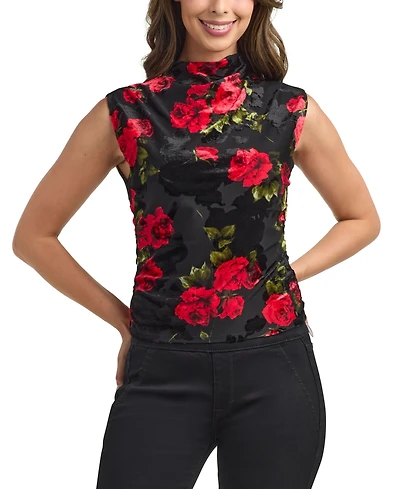 Bcx Women's Floral Print Mock Neck Sleeveless Top