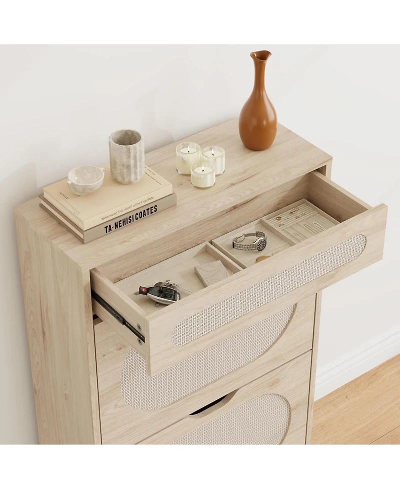 Rattan Shoe Cabinet with 2 Flip Drawers and 1 Pull-Out Drawer, 3-Position Adjustable Shelf, Narrow Shoe Cabinet for Entryway/Porch, Oak