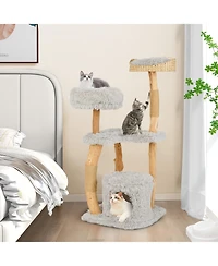 Gymax 49'' Tall Wooden Cat Tree Solid Wood Cat Tower w/ Jute Scratching Posts