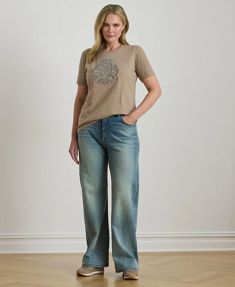 Lauren Ralph Plus Beaded-Crest Cotton Jersey T-Shirt