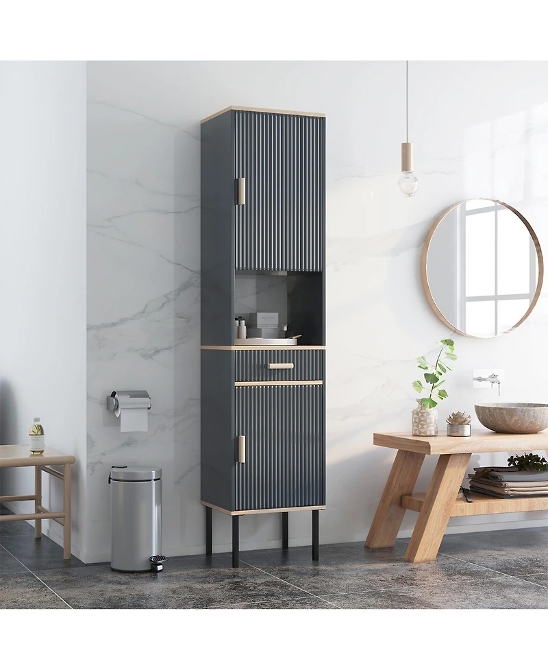 Gymax Tall Bathroom Storage Cabinet Freestanding Narrow Linen Tower w/ Doors & Drawer