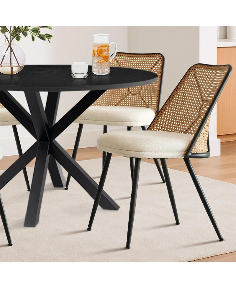 5-Piece 39.4" Round Black Dining Table Set with Starburst Base and 4 Faux Rattan Back Chairs in Mid-Century Modern Style-Maison Boucle